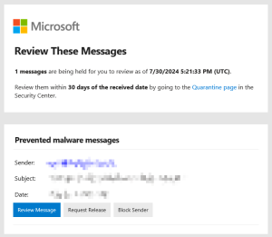 Microsoft Email Quarantine Message