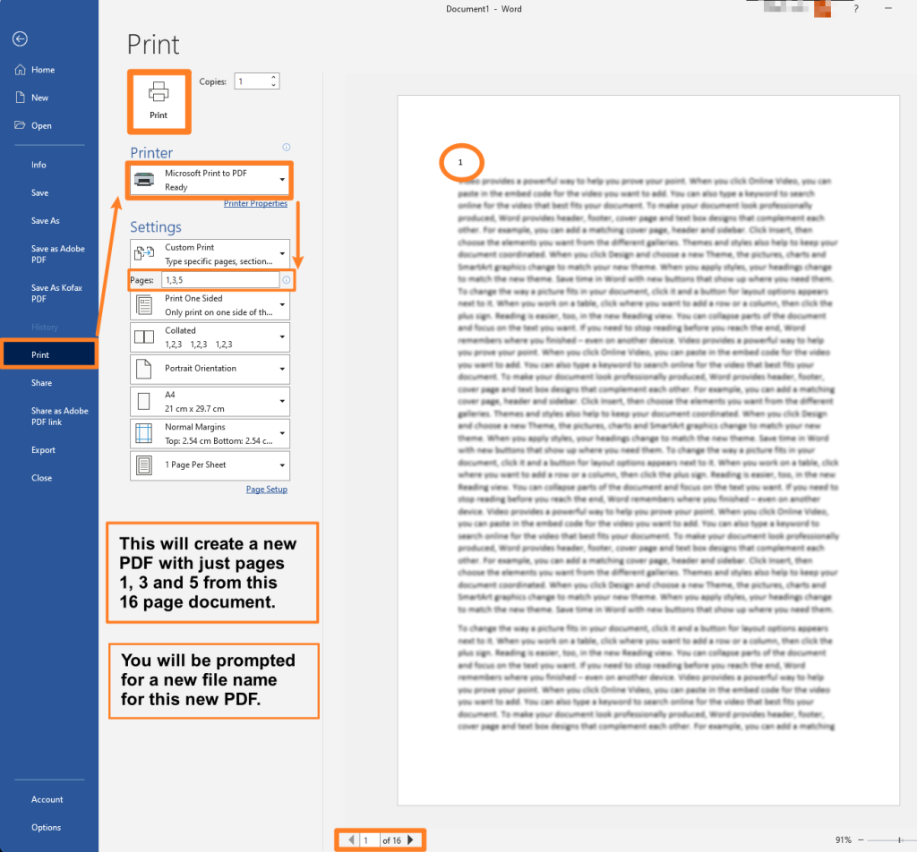 Screenshot of print options for saving a selected number of pages to a PDF